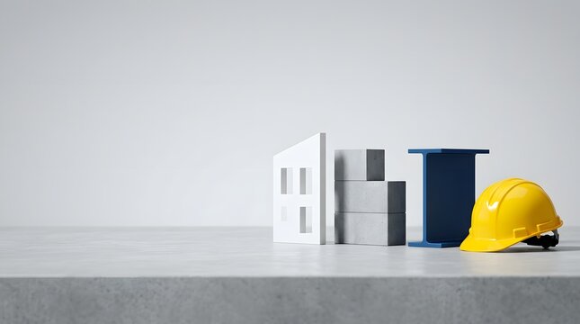 Minimalist workspace with a yellow chair and architectural model on a white surface