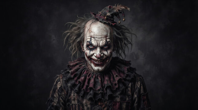 Scary evil clown with sinister smile in dark background