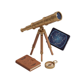 Golden telescope and digital tablet showing star constellations