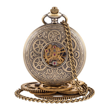 Antique bronze pocket watch resting on mechanical gears with a chain
