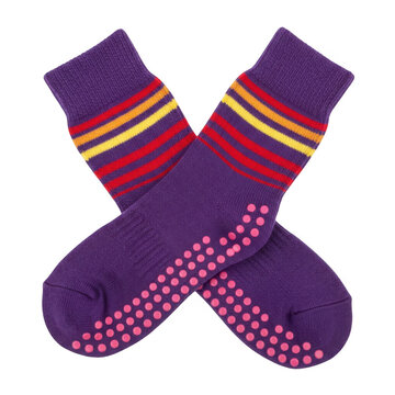 A pair of purple socks with colorful stripes and pink dots