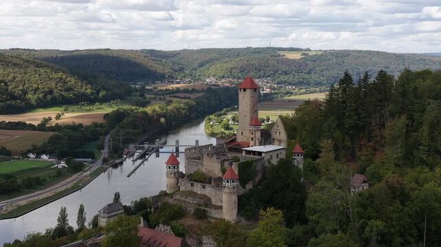 Aerial View of Hornberg Castle Above the Neckar Valley, Germany