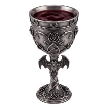 Ornate gothic chalice with bat and rose engravings filled with wine