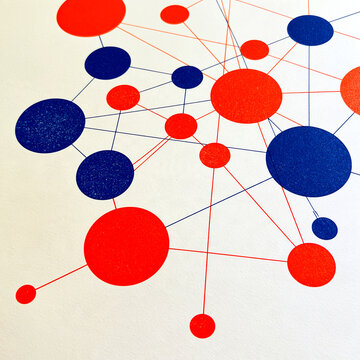 Retro risograph network of nodes and connecting lines / vintage tech poster

