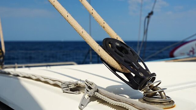 Sailboat deck hardware with rope and pulley under sail. Yacht rigging and sailing equipment during navigation at sea.