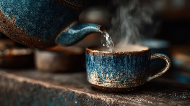 Steaming Water Pouring into Rustic Ceramic Cup: Traditional Tea Ceremony, Warmth, and Comfort on a Wooden Table.