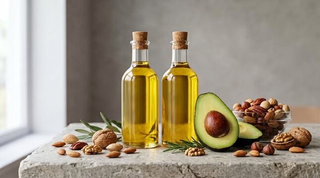 Assorted healthy fats food selection with avocado, nuts, seeds, and olive oil, with blank space for adding text or design