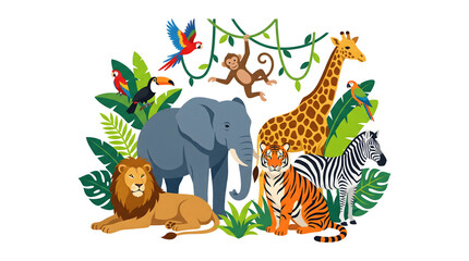 Obraz premium Colorful watercolor illustration featuring various wild jungle animals like a lion elephant giraffe and zebra in nature
