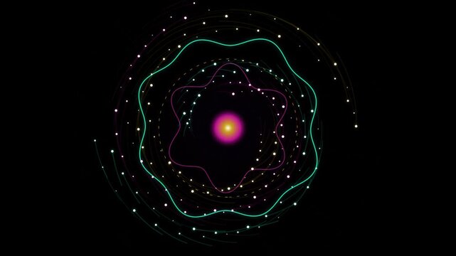 Abstract science atomic model animation with glowing orbits and particles physics chemistry atom nucleus orbit electrons quantum molecule neon cyber technology digital futuristic energy wave rings