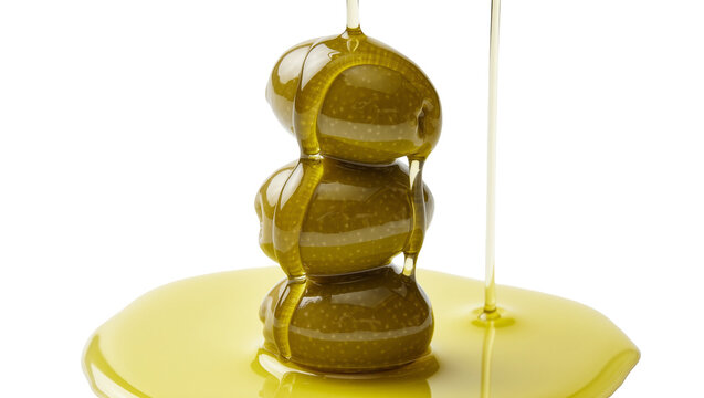 Three green olives stacked and dripping with olive oil, isolated on transparent background