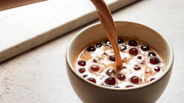 Pouring fresh milk tea over sweet boba tapioca pearls in a bowl