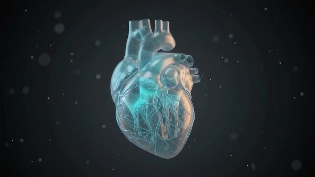 3D CGI render video, Octane render style, of a translucent glowing human heart with visible electrical pulses rhythmically accelerating and slowing, floating against a dark gradient background