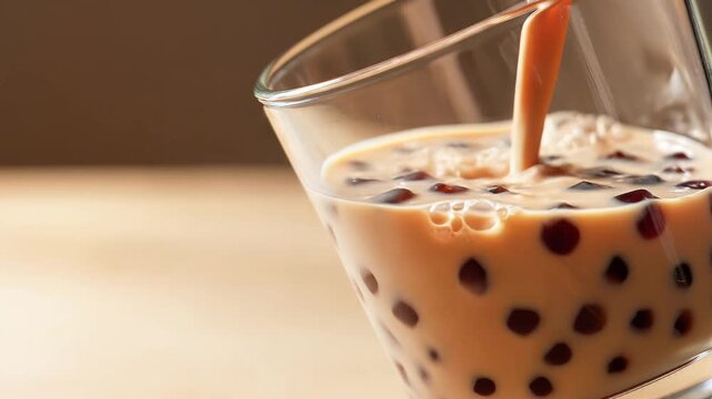 Pouring creamy milk tea into a glass filled with chewy boba pearls