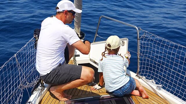 Father teaching his daughter basic yacht maintenance during a family sailing trip. Learning practical sailing skills, teamwork and confidence through shared outdoor experience.