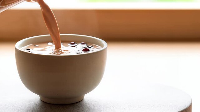 Pouring fresh milk tea into a ceramic bowl with tapioca pearls