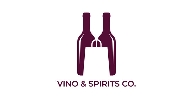 Wine shop logo featuring two purple wine bottles.