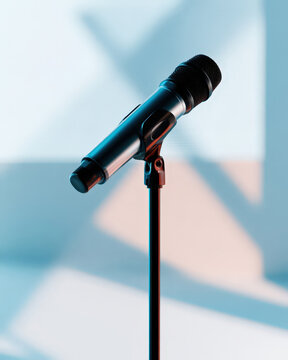 Professional microphone on stand with blue studio lighting background for podcast or performance