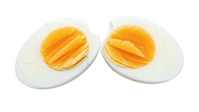 Two halves of a hard-boiled egg showing white albumen and yellow yolk, isolated on transparent background