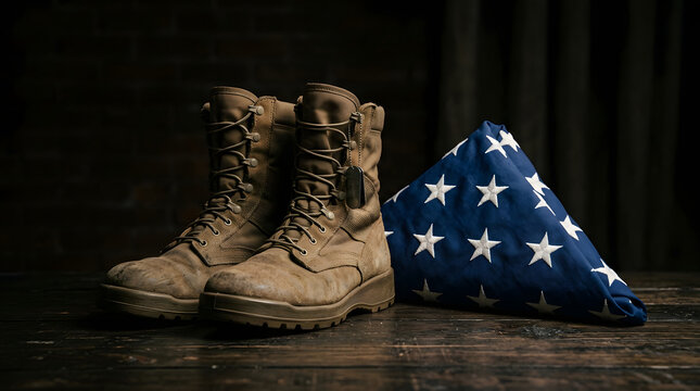 Military combat boots and folded American flag on dark wooden floor, patriotic memorial concept for Veterans Day, soldier tribute with tactical gear