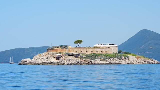 Historic Mamula Fortress on Lastavica Island in Montenegro in the Adriatic Sea. Coastal military architecture guarding the entrance to the Bay of Kotor.