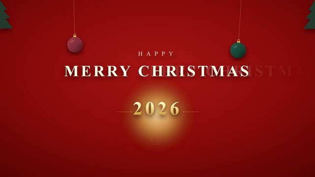 A flagship premium luxury cinematic Christmas background featuring blood red #800808 background, centered typography HAPPY MERRY CHRISTMAS 2026 with 2026 as secondary hero, slow-swinging hanging ornam