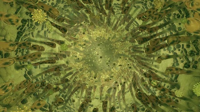 Medical 3d visualization of digestive tract flora and biology background. Seamless loop inside human intestine tunnel with microscopic villi polyps and floating gut microbiome bacteria.