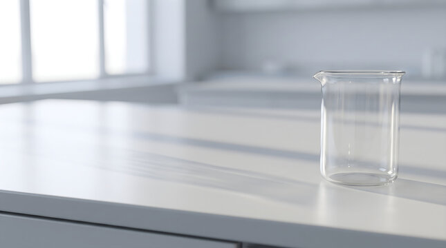 A clean empty glass beeker standing on a white laboratory table in a bright modern science research facility