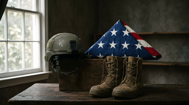 Military memorial still life with folded American flag, combat boots and tactical helmet. Patriotic tribute for Veterans Day or Memorial Day.
