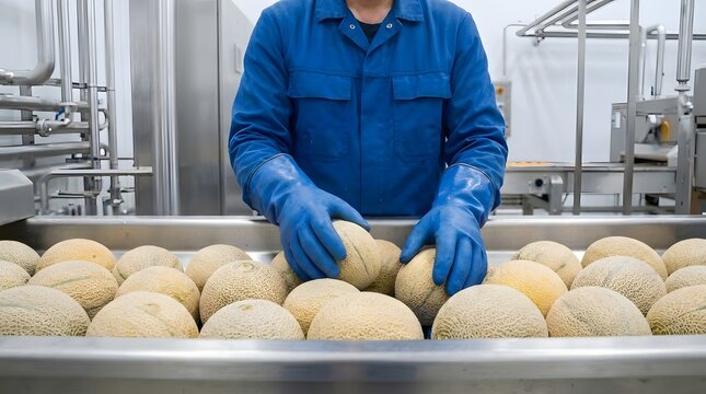 Worker Sorting Cantaloupe Melons on Conveyor Belt in Food Factory