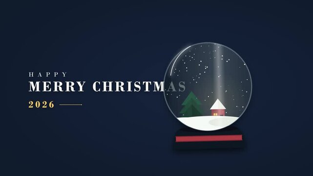A premium elegant Christmas motion background featuring a large, glass snow globe centered slightly to the right. Inside, a miniature evergreen tree, tiny house with a warm light, and falling snow