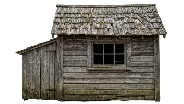 Weathered wooden shed with shingled roof and window, isolated on transparent background