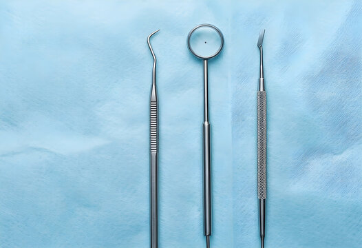 Dental hygiene and oral health care, professional dentist tools including mirror and explorer on a sterile blue medical paper background for clinic