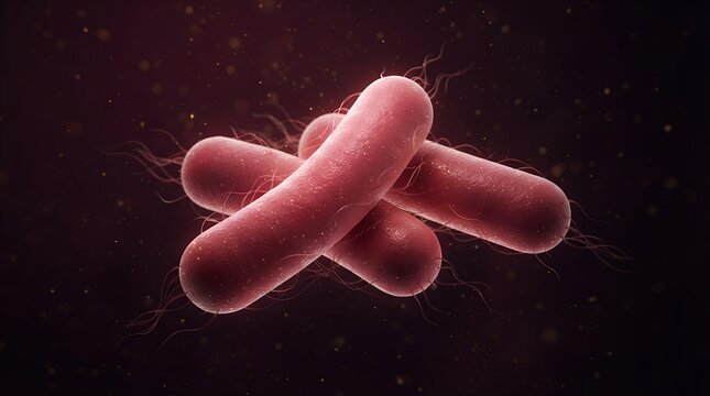 Microscopic rod-shaped bacteria cells, pink probiotic microorganisms under microscope, medical illustration of pathogenic bacteria infection