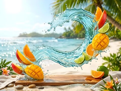 Tropical Fruit and Water Splash on a Sunny Beach