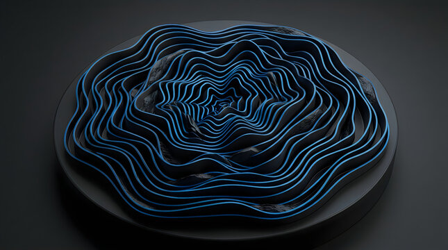 Intricate 3d topographic map with glowing blue contour lines and dark gradient background