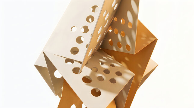 Abstract geometric modular structure with perforated golden panels arranged in a dynamic compositional form