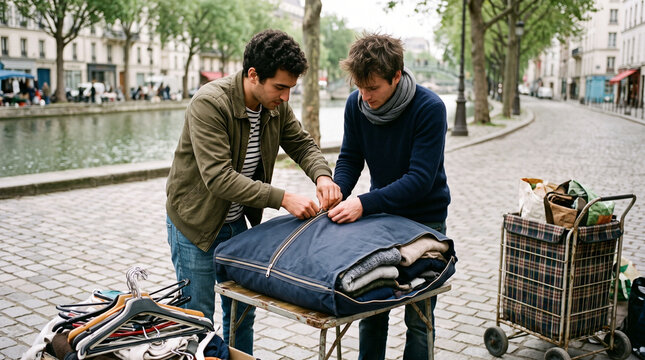 Two men packing clothes in garment bag outdoors