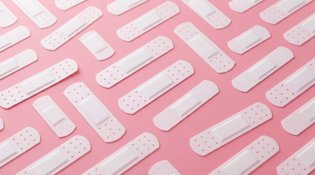 Medical adhesive bandages pattern on pink background, sterile first aid plaster strips, healthcare and wound care concept, flat lay medical supplies