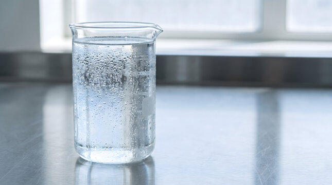 A clear glass beeker filled with pure water sitting on a metal lab counter top in a scientific environment