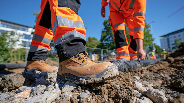 Side-view medium close-up of a building site inspector walking along a temporary drainage hose route, reaching down to mark a distorted section where a kink could restrict water flow, crisp foregrou