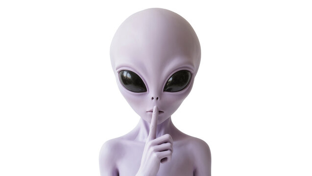 Purple alien with large black eyes making a shushing gesture, isolated on transparent background
