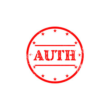 Red circle auth stamp with stars isolated on transparent grid for authentication and security.