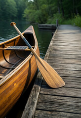 Fototapeta premium Outdoor recreation and adventure travel, wooden canoe with paddle moored at a rustic wooden dock on a calm lake during a peaceful summer morning