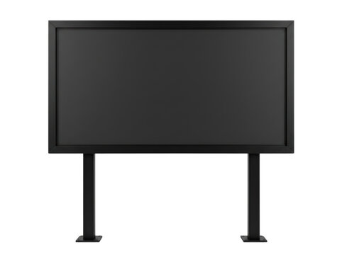 Blank black billboard with metal frame and legs on white background.