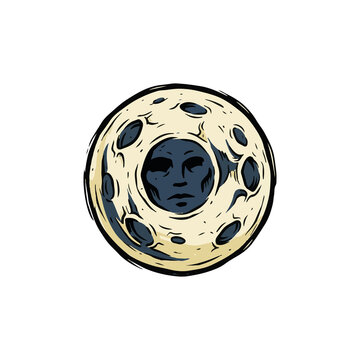 Mysterious hand-drawn moon with a calm, ancient face, a vintage celestial illustration perfect for dreams and night sky designs