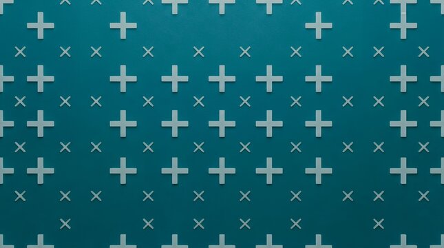 Minimalist geometric pattern with white plus signs, teal blue background with repeating cross symbols, clean medical and healthcare aesthetic wallpaper