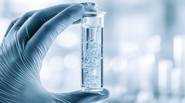 A gloved hand holds a test tube with bubbles in a laboratory. Scientific research and medicine conceptual design.