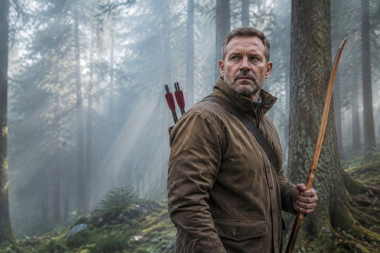 A traditional archer carries a wooden longbow through a misty forest as soft morning beams cross the trees. Outdoor concentration