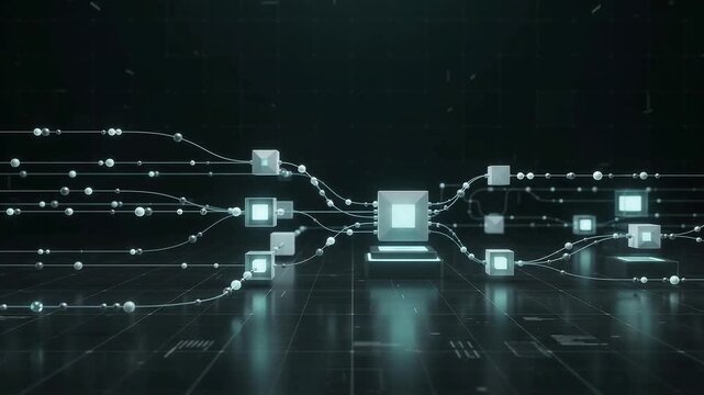 Glowing data streams moving through a digital processing network