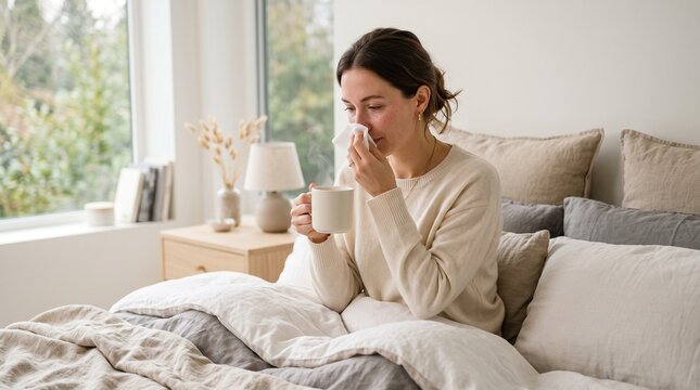 Sick woman blowing nose with tissue in bed, ill young female with cold and flu symptoms drinking hot tea in bedroom, unwell person suffering from seasonal allergy or virus at home in morning.